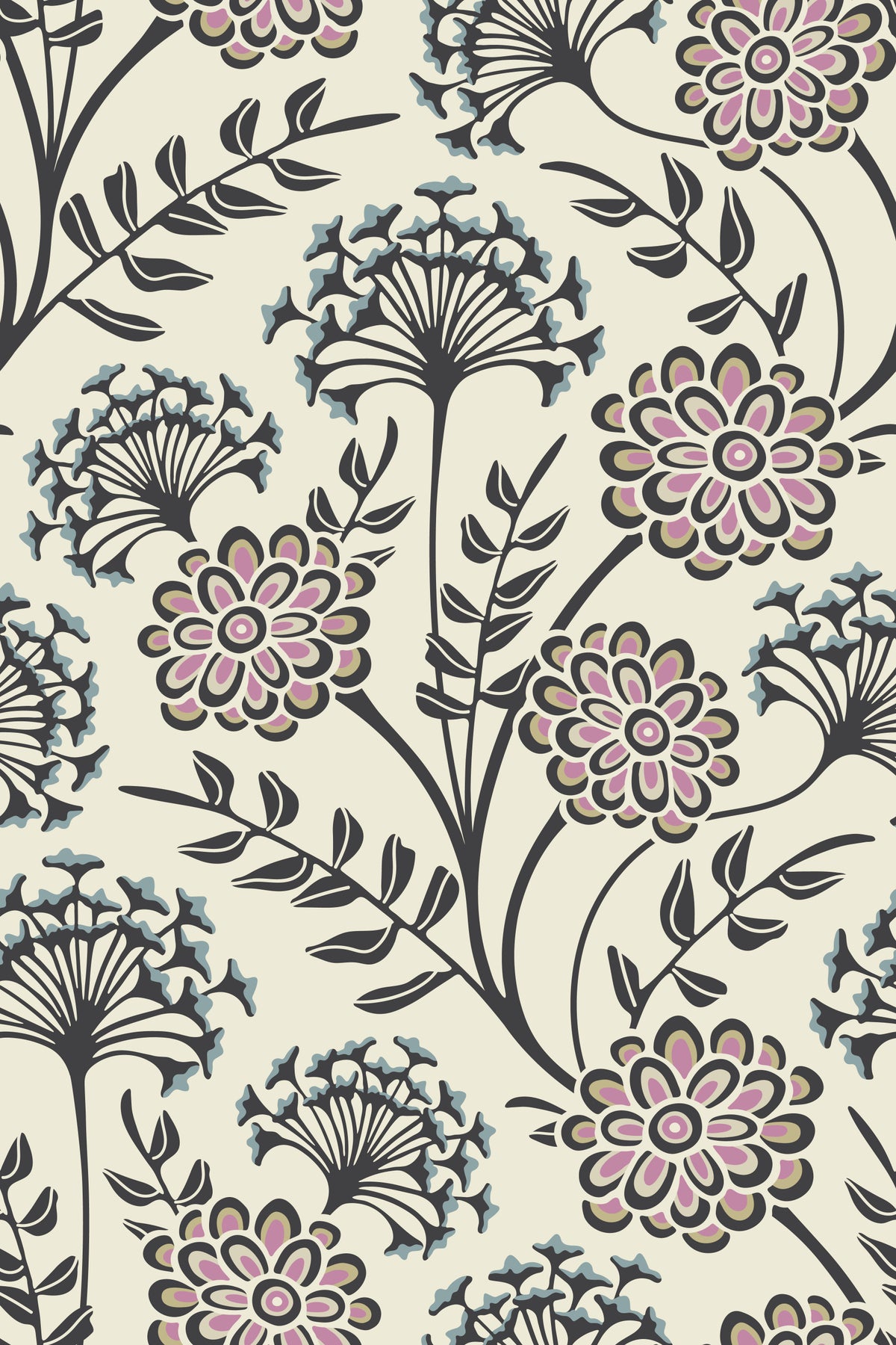 Danube Retro Vintage Floral Zinnia Cow Parsley in Charcoal Ecru Wallpaper⁠ in your room — zoomed