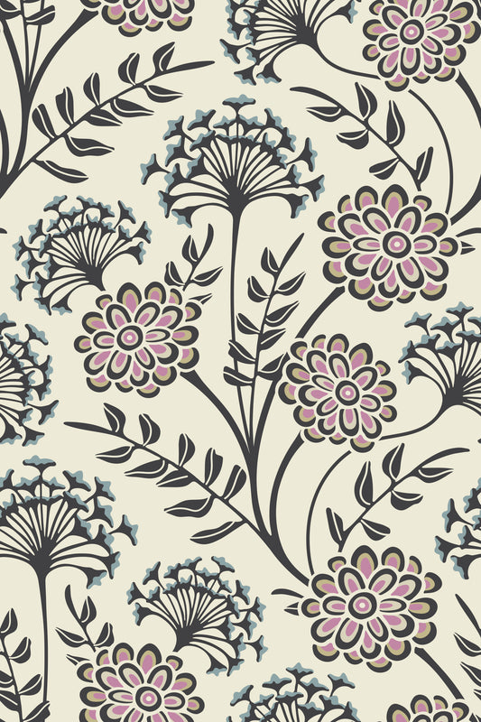 Danube Retro Vintage Floral Zinnia Cow Parsley in Charcoal Ecru Wallpaper⁠