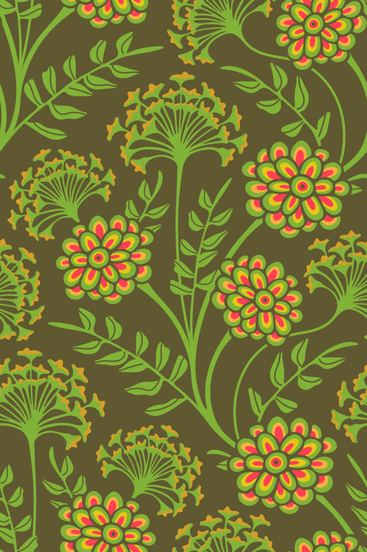Danube Retro Vintage Floral Zinnia Cow Parsley in Yellow Moss Green Wallpaper⁠