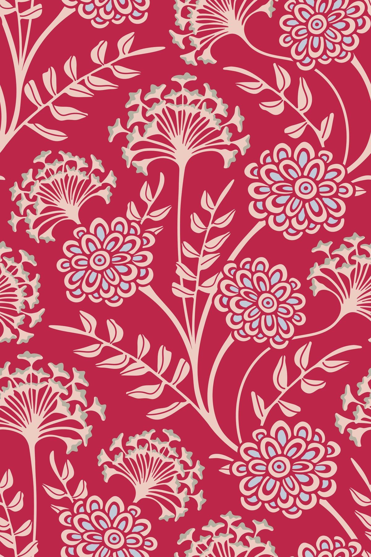 Danube Retro Vintage Floral Zinnia Cow Parsley in Viva Magenta Red Wallpaper⁠ in your room — zoomed