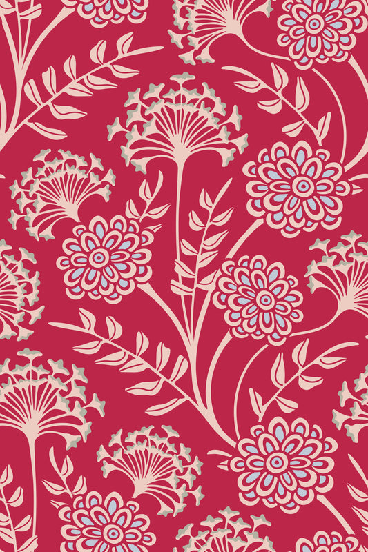 Danube Retro Vintage Floral Zinnia Cow Parsley in Viva Magenta Red Wallpaper⁠