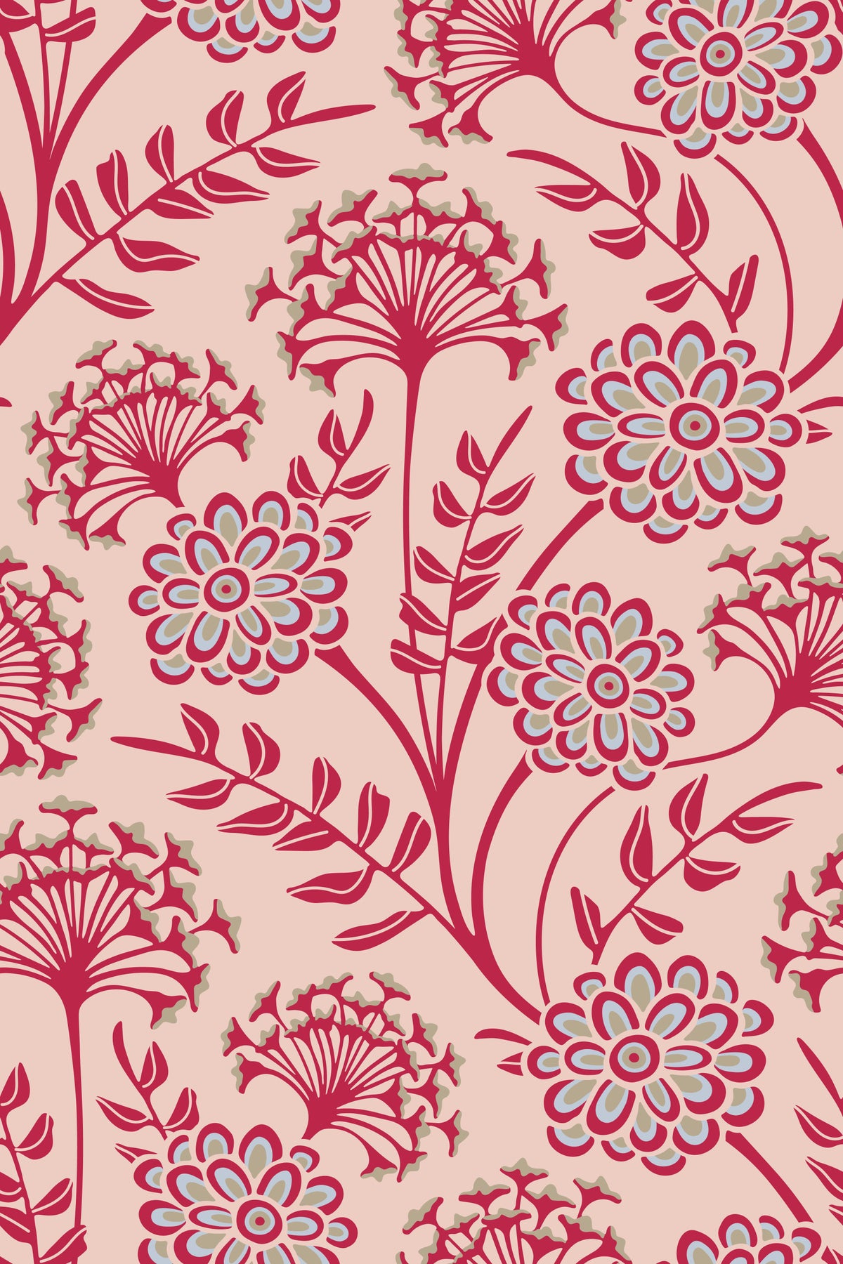 Danube Retro Vintage Floral Zinnia Cow Parsley in Viva Magenta Red Warm Sand  Wallpaper⁠ in your room — zoomed