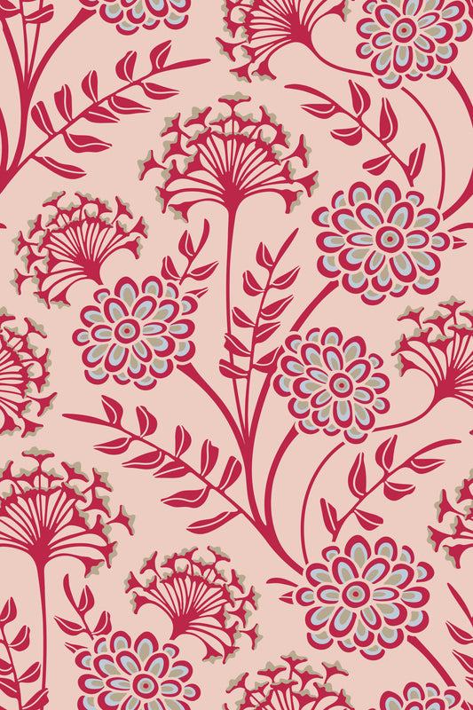 Danube Retro Vintage Floral Zinnia Cow Parsley in Viva Magenta Red Warm Sand  Wallpaper⁠