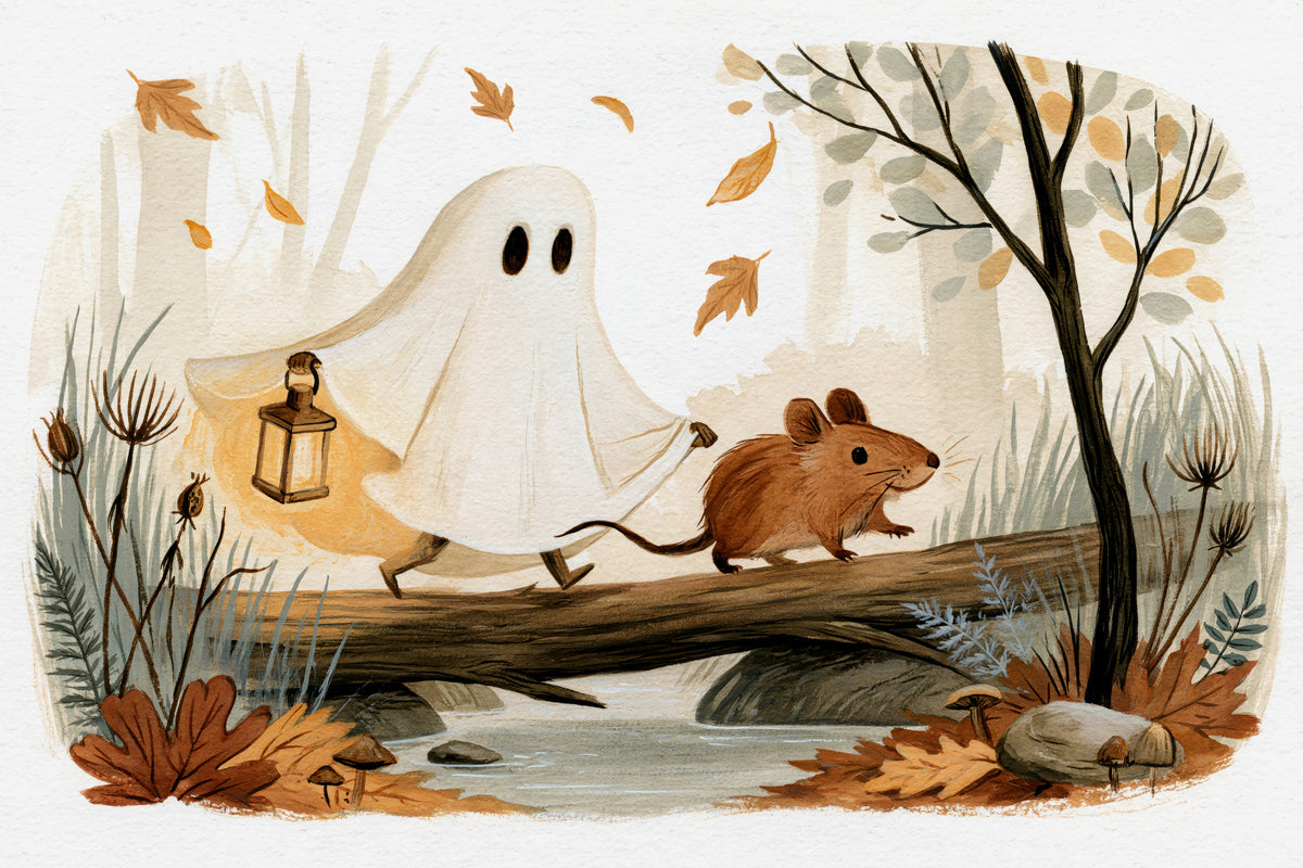 Little Ghost and Mouse Walk the Autumn Forest Wall Mural in your room