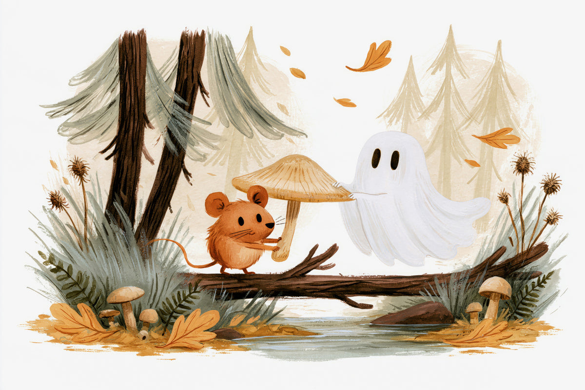 Little Ghost and Mouse in Scandinavian Forest Wall Mural in your room — zoomed