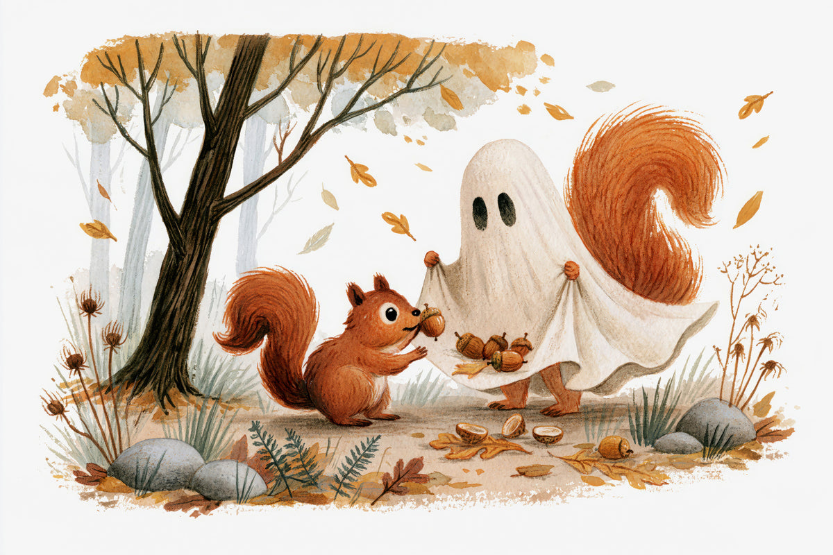Little Ghost and Squirrel Share Autumn Acorns Wall Mural in your room