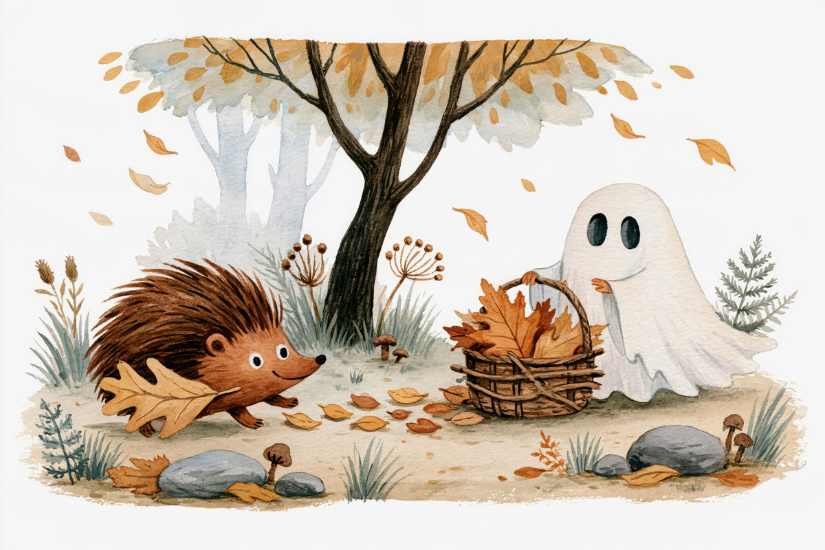 Little Ghost and Hedgehog Gather Fall Leaves Wall Mural in your room — zoomed