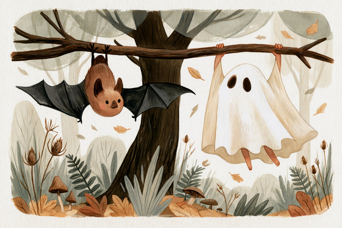Little Ghost and Bat in Scandinavian Woodland Wall Mural in your room