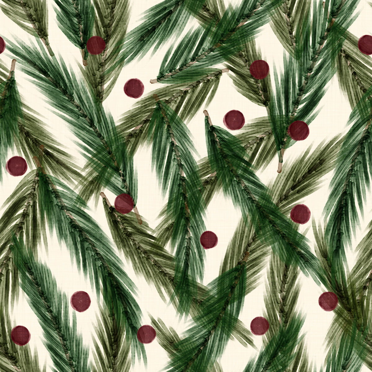 Watercolor Christmas Pine Needles and Red Berries Holiday Pattern Wallpaper⁠ in your room