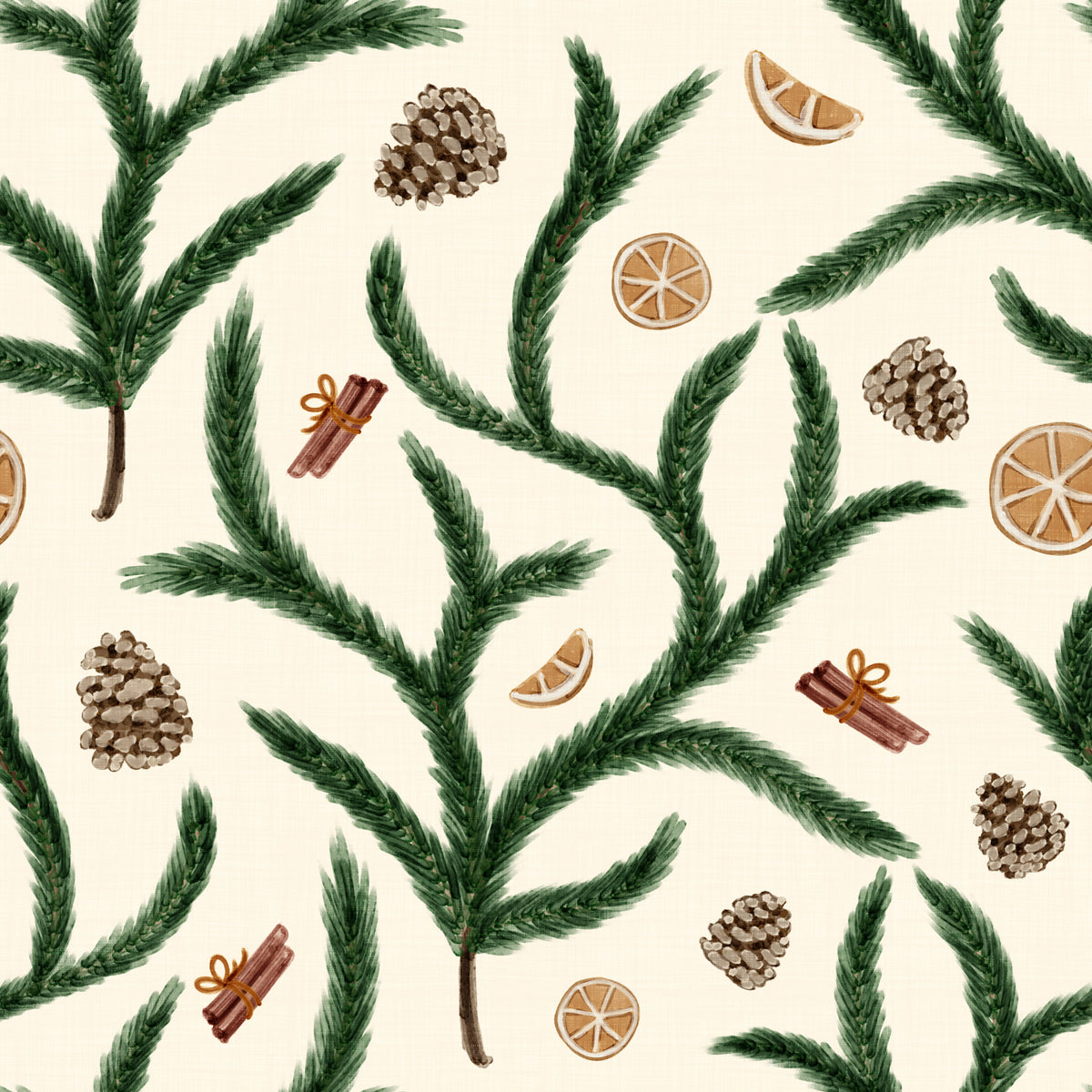 Watercolor Pine Branches with Oranges Cinnamon and Pine Cones Wallpaper⁠
