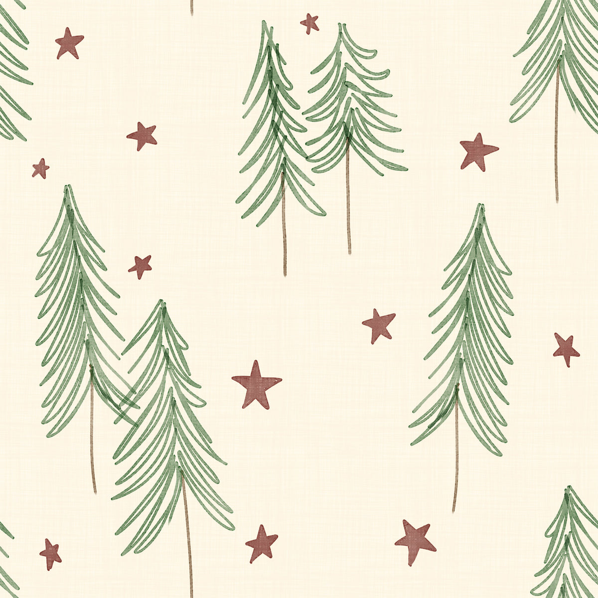 Woodland Pine Trees and Stars Winter Pattern - Green Red Wallpaper⁠