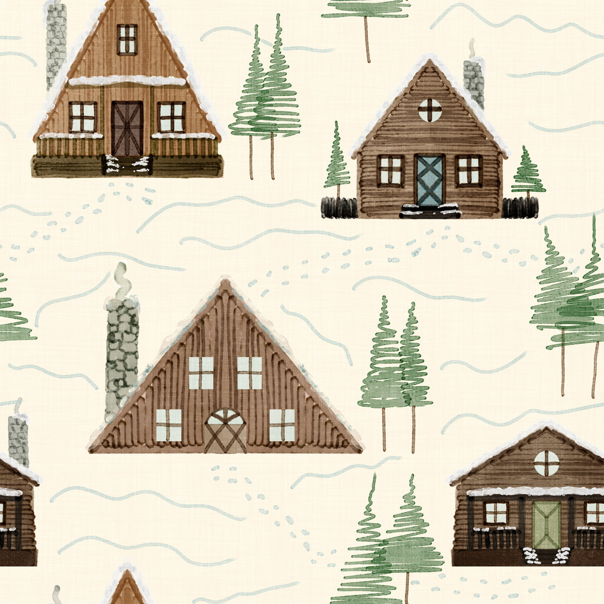 Small Snowy Mountain Huts Village Cabincore Winter Pattern Wallpaper⁠ in your room