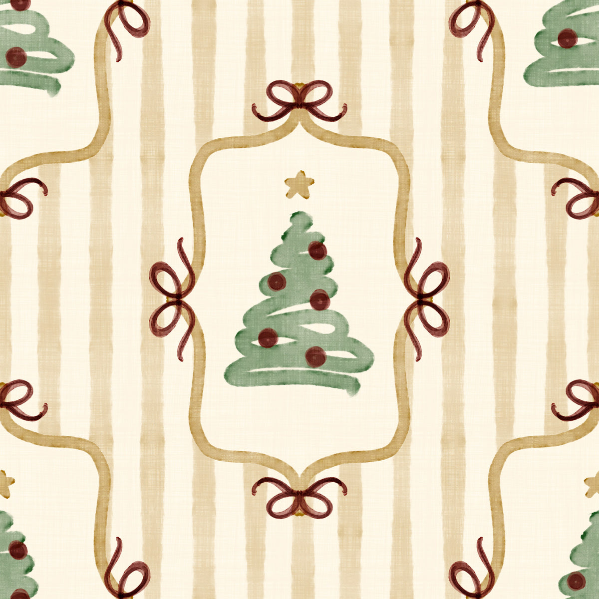 Preppy Christmas Tree Bows Ribbon Stripes - Antique Gold Yellow Wallpaper⁠ in your room