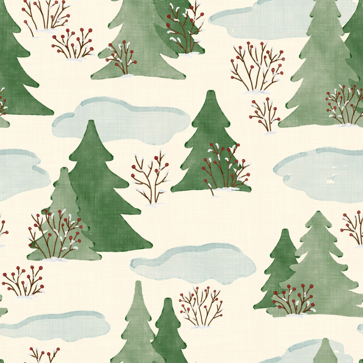 Snowy Winter Forest Pine Trees and Berries Pattern Wallpaper⁠ in your room