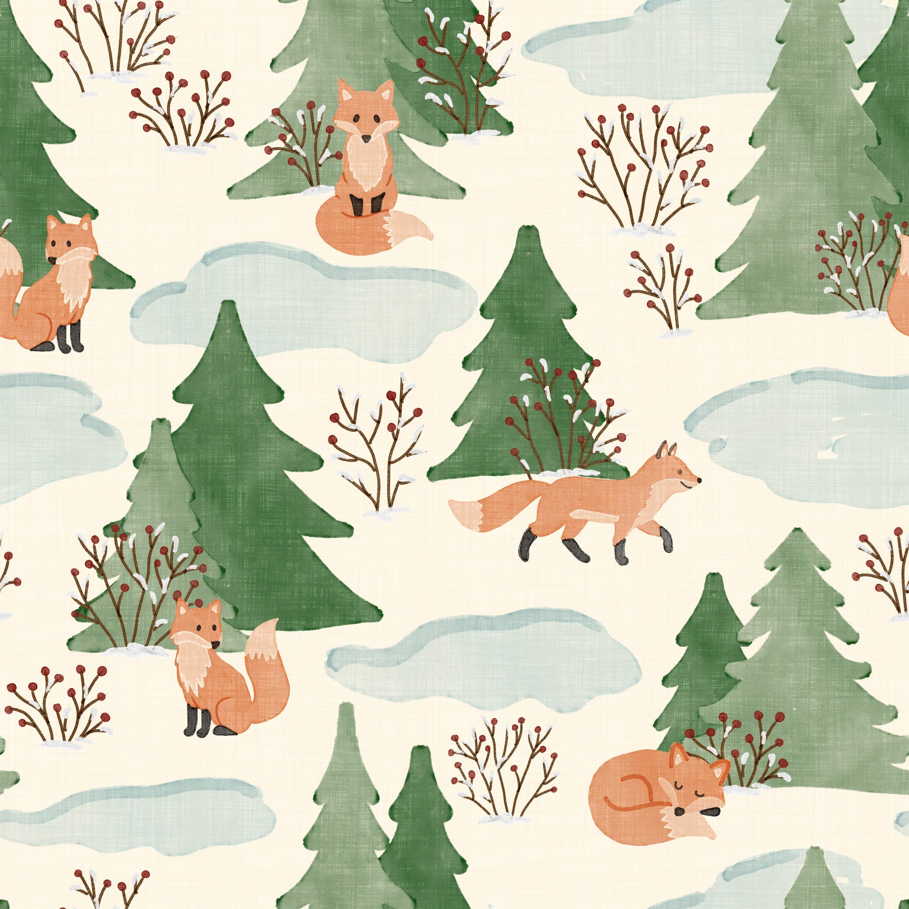Watercolor Christmas Fox and Pine Trees Holiday Pattern Wallpaper⁠