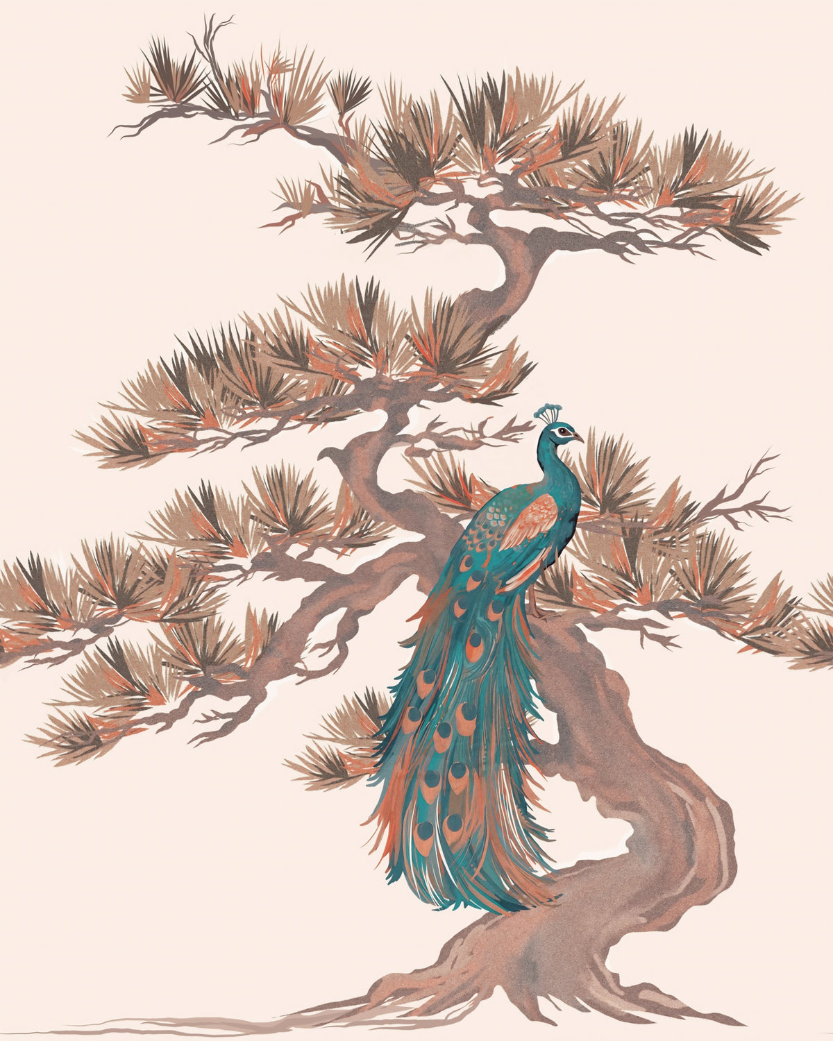 Chinoiserie Pine and Bird Motif Wall Mural in your room — zoomed
