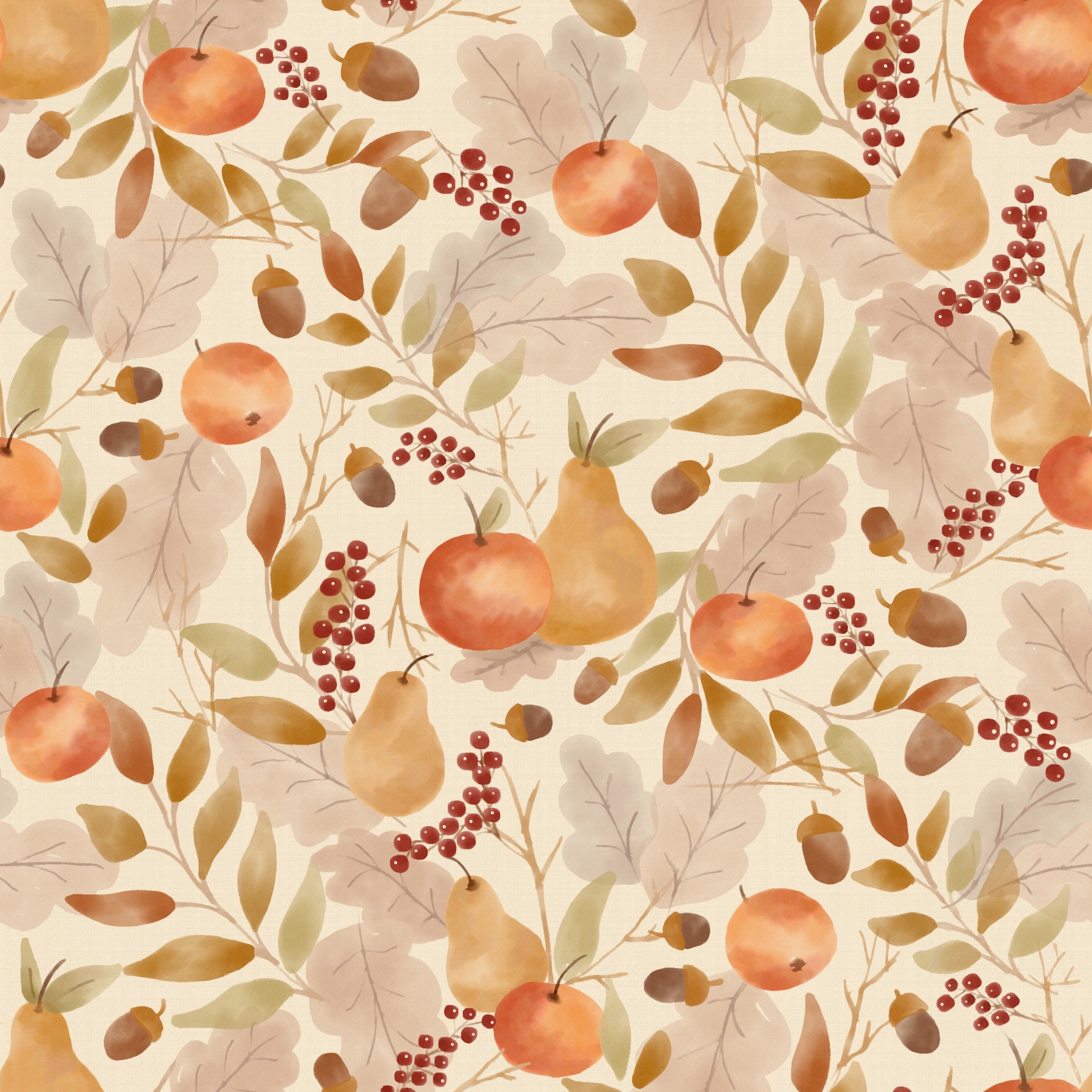 Watercolor Autumn Fruit Leaves Desaturated Soft Harvest Pattern Wallpaper⁠