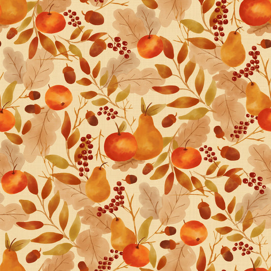 Watercolor Autumn Fruit Leaves Cream Background Harvest Pattern Wallpaper⁠