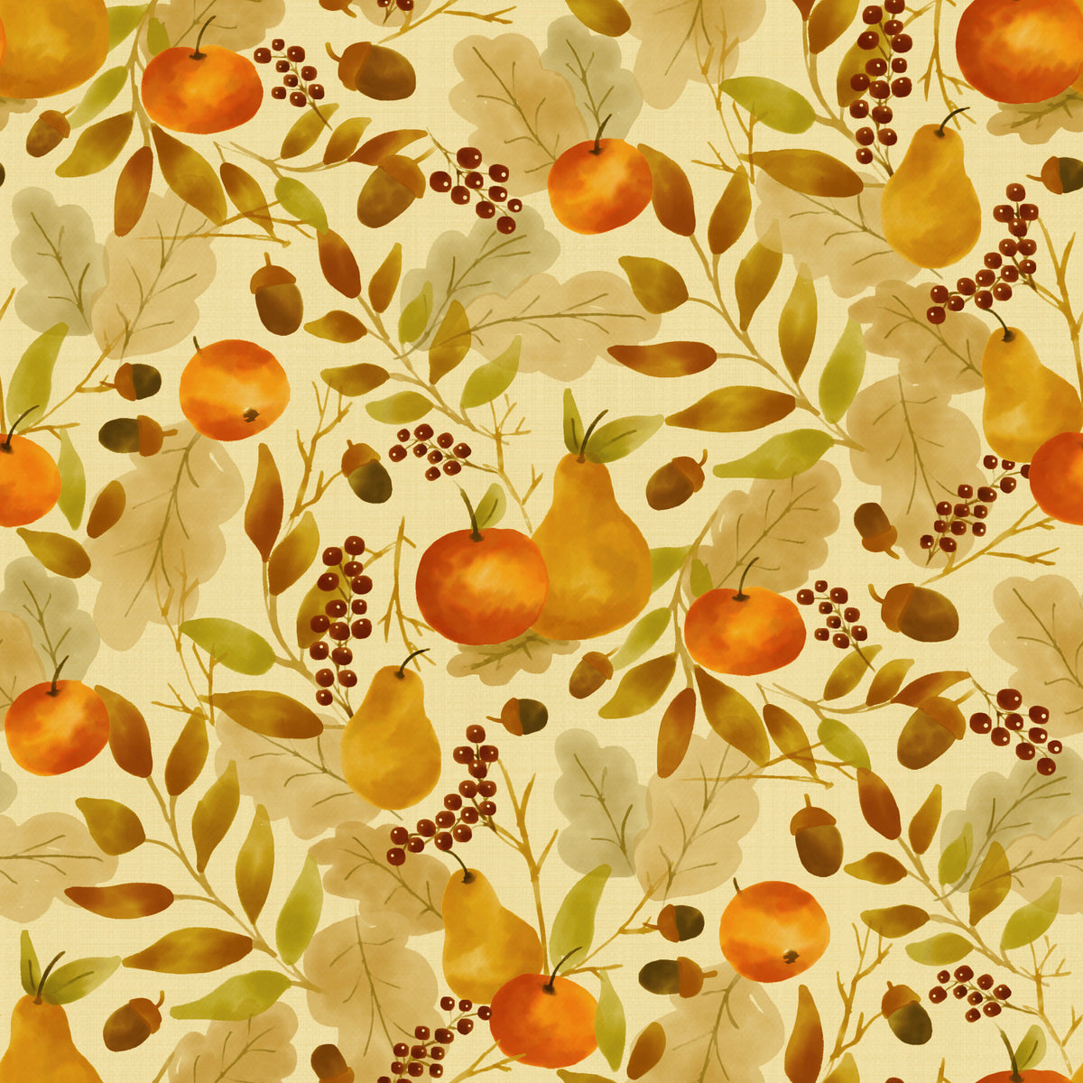 Watercolor Autumn Fruit Leaves Golden Yellow Harvest Pattern Wallpaper⁠ in your room