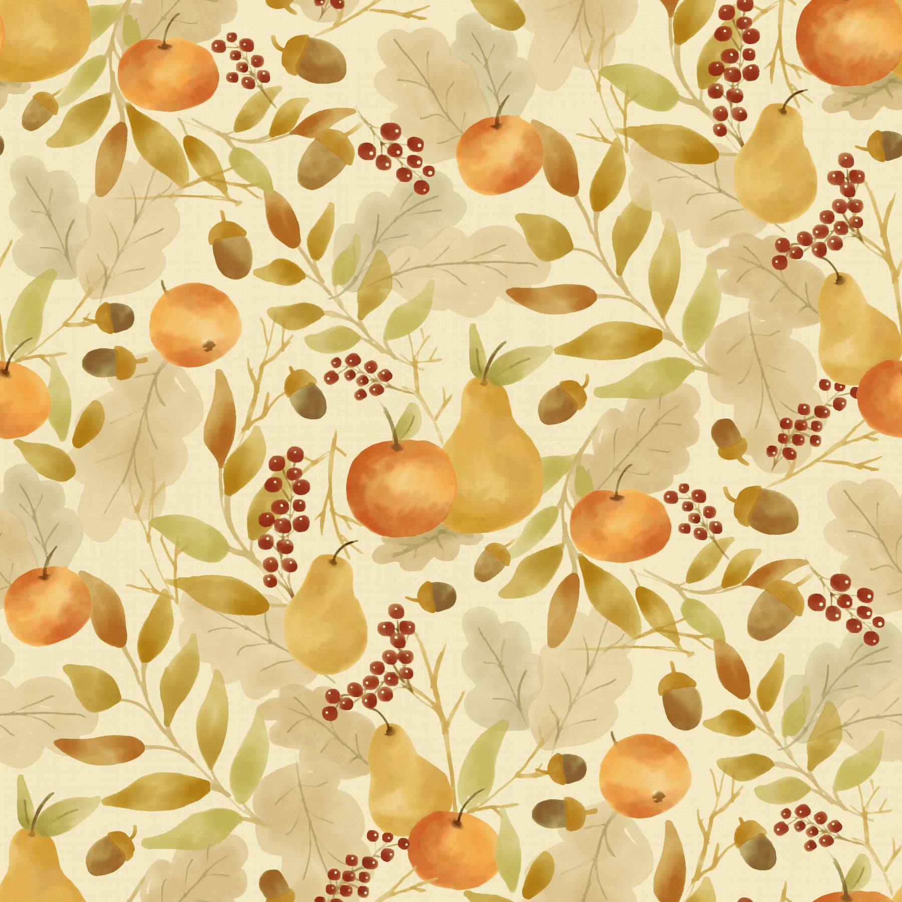 Watercolor Autumn Fruit Leaves Olive Sage Green Harvest Pattern Wallpaper⁠