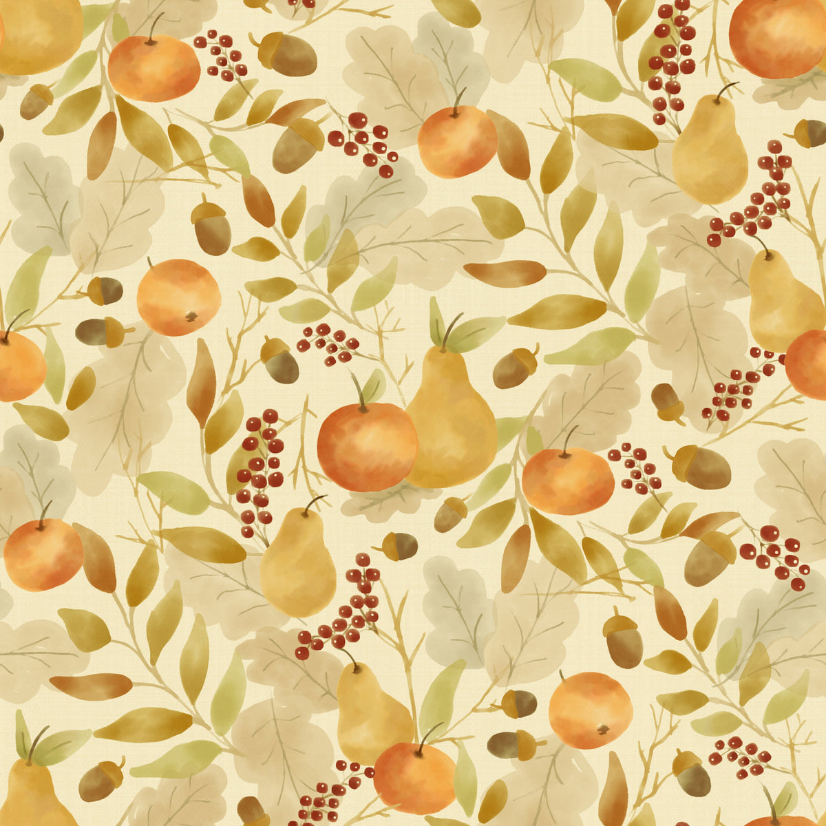 Watercolor Autumn Fruit Leaves Olive Sage Green Harvest Pattern Wallpaper⁠ in your room