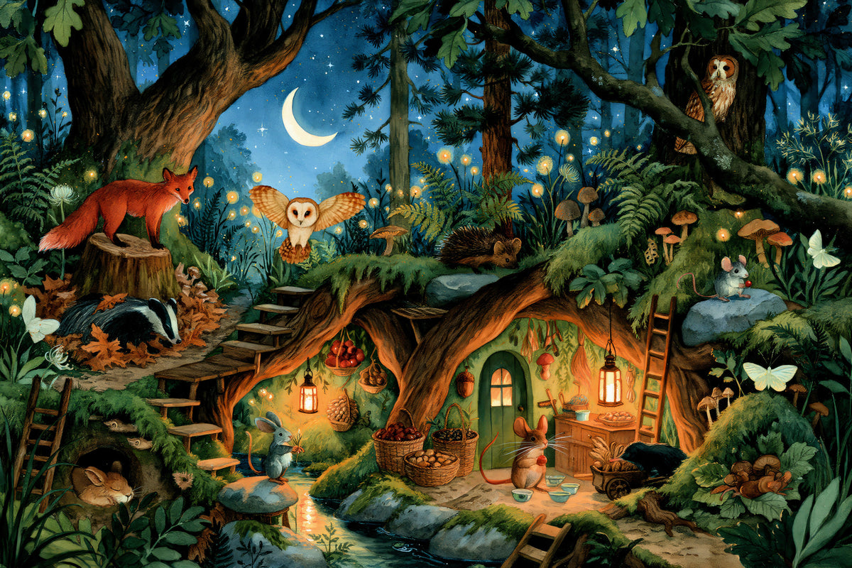 Nocturnal Forest Animal Gathering Wall Mural in your room