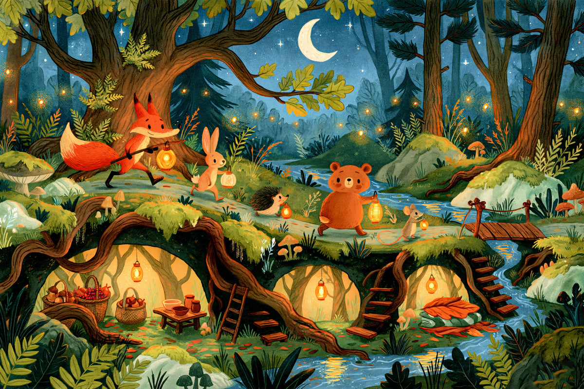 Enchanted Forest Friends Night Walk With Lanterns Wall Mural in your room