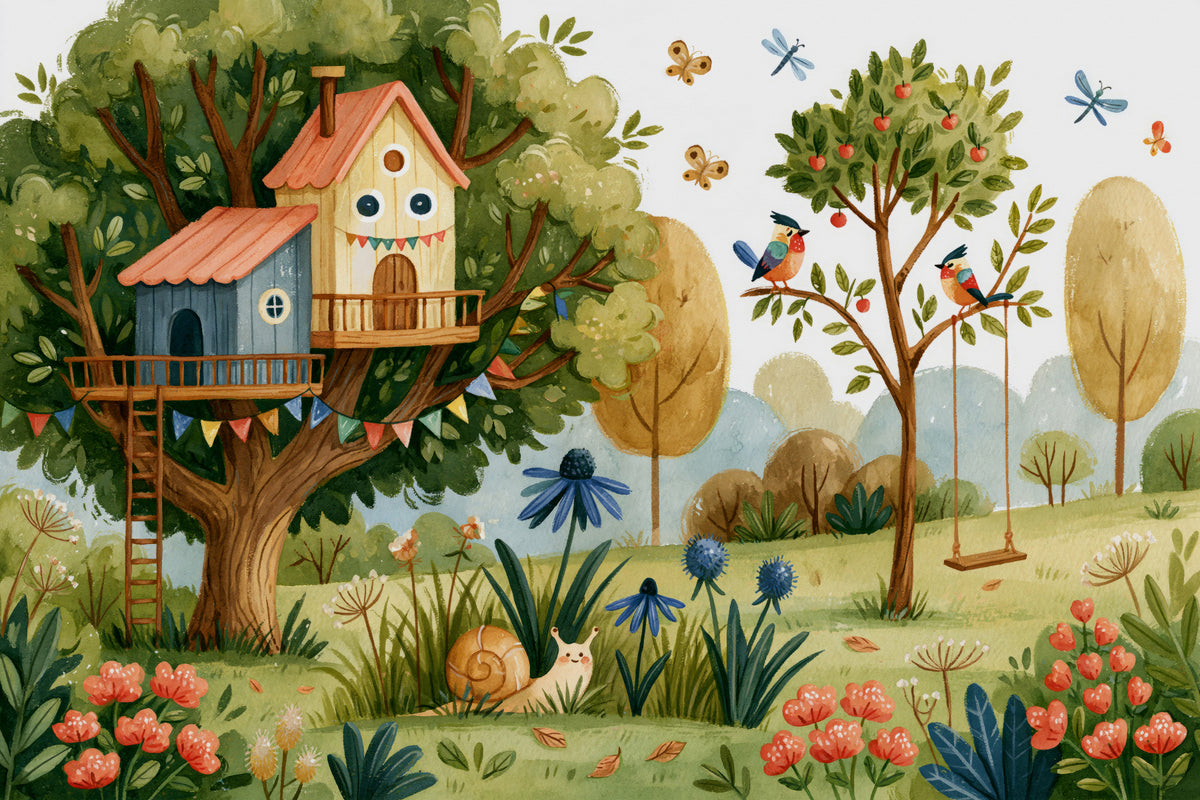 Whimsical Treehouse Garden Scene Wall Mural in your room