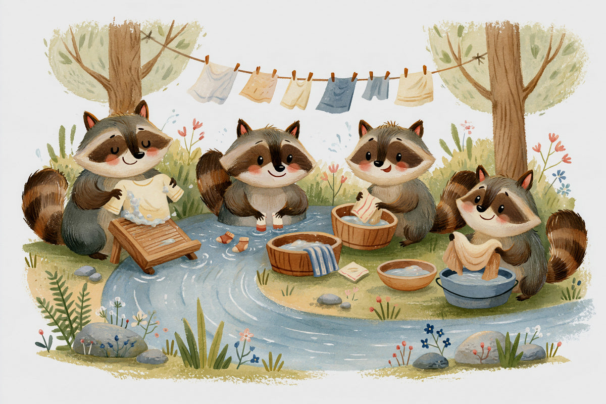 Woodland Friends Raccoons Streamside Wash Day Wall Mural in your room