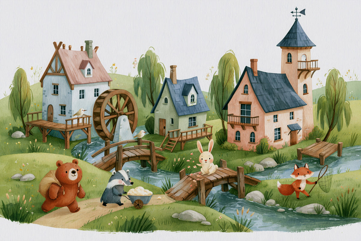 Animated Forest Mill Village Wall Mural in your room