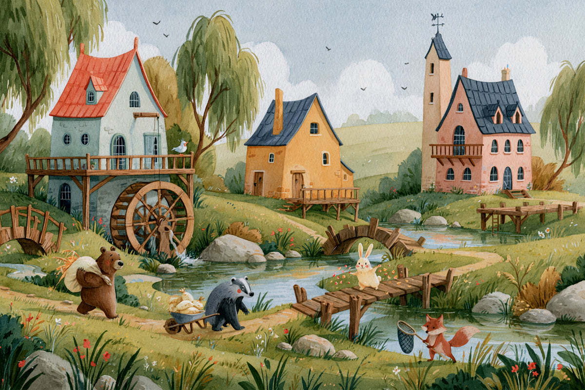 Enchanted Riverbank Woodland Animal Village Wall Mural in your room