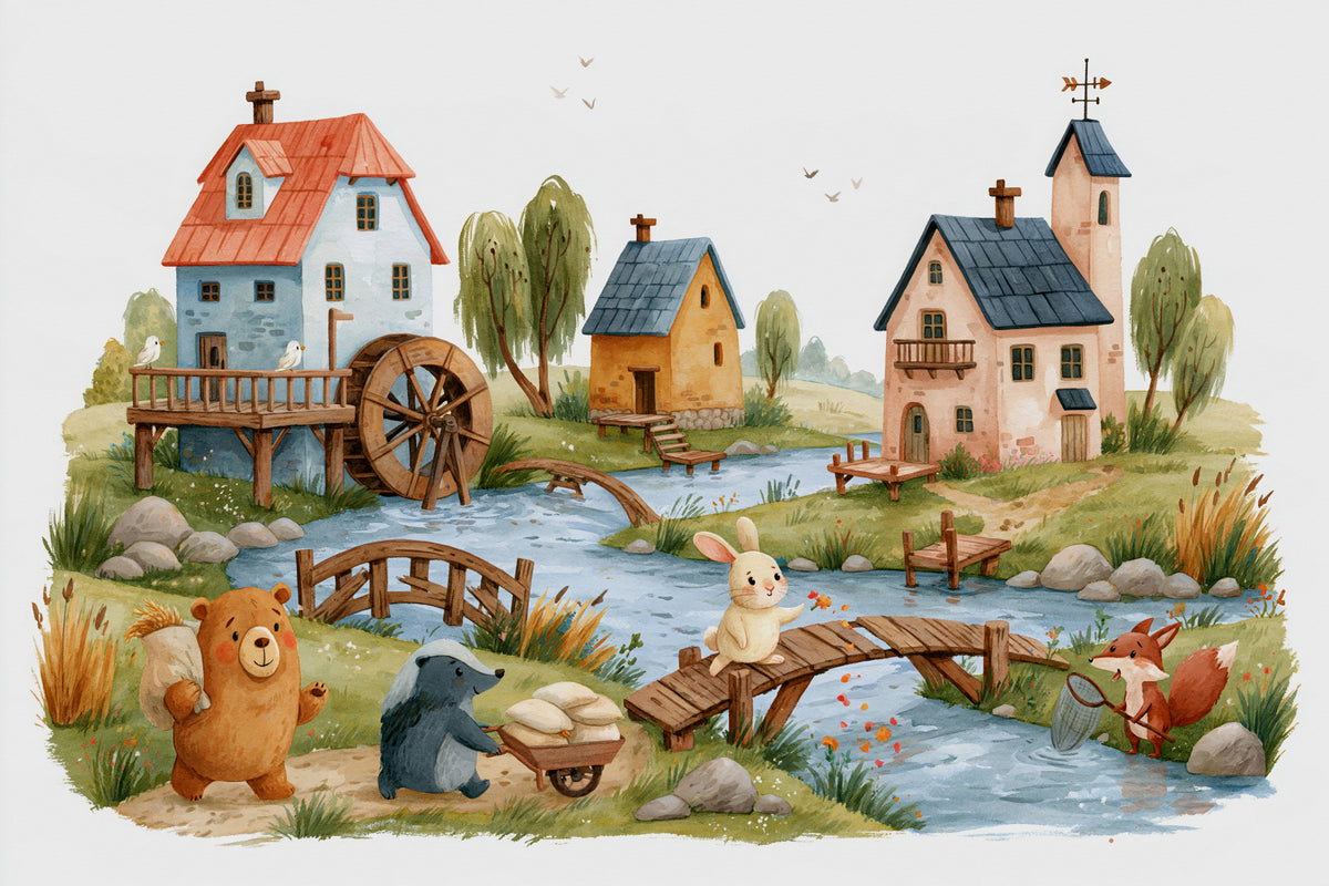 Rustic Woodland Village Friends Wall Mural in your room — zoomed