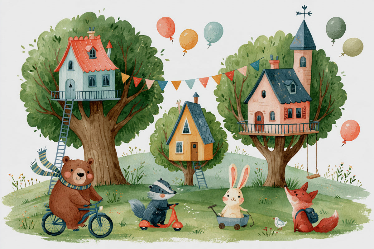 Woodland Friends Treehouse Village Wall Mural in your room