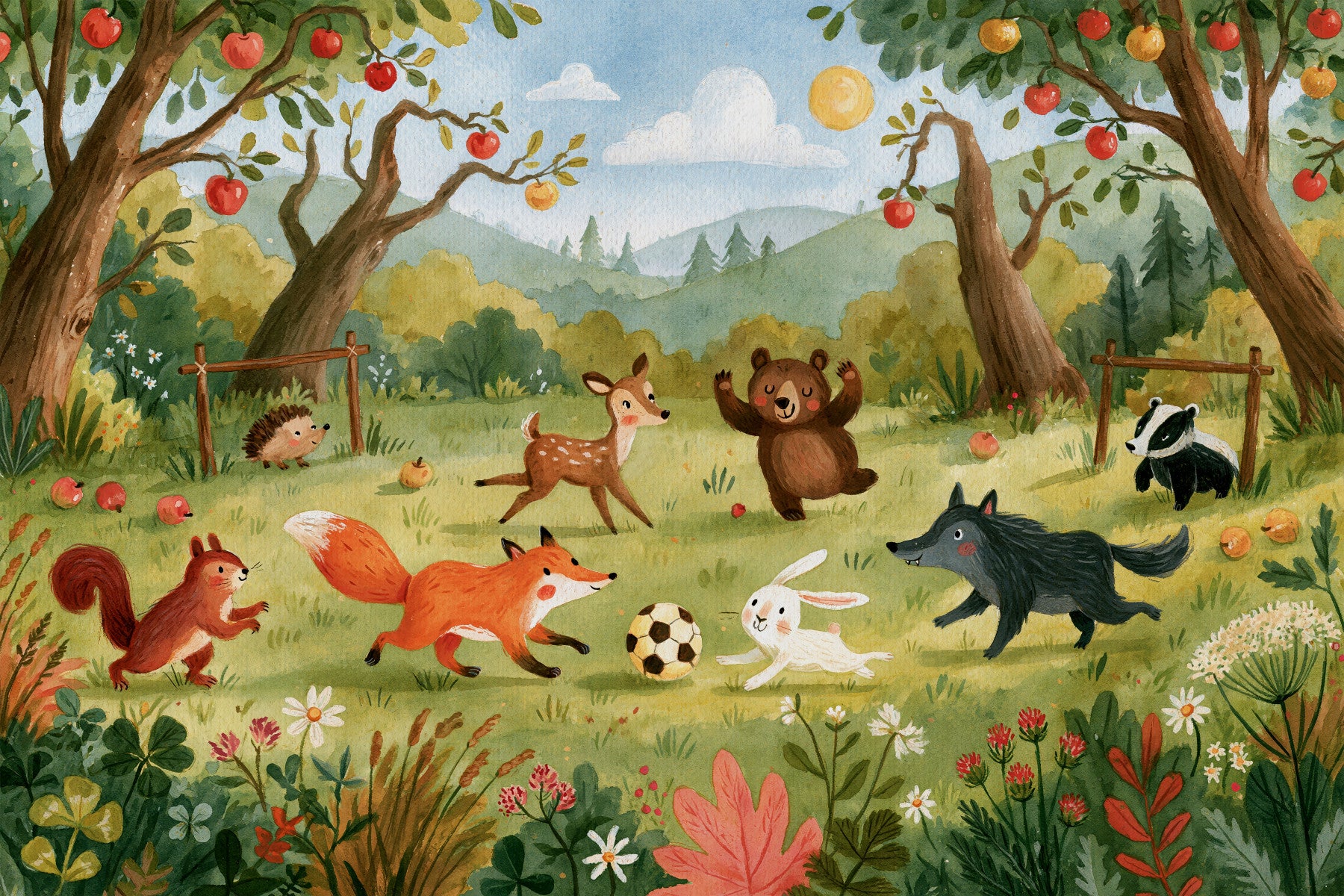 Woodland Meadow Animal Soccer Gathering Wall Mural