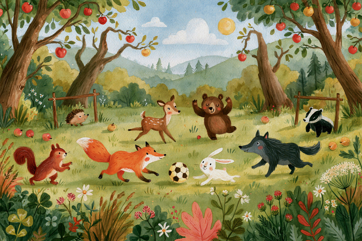 Woodland Meadow Animal Soccer Gathering Wall Mural in your room — zoomed