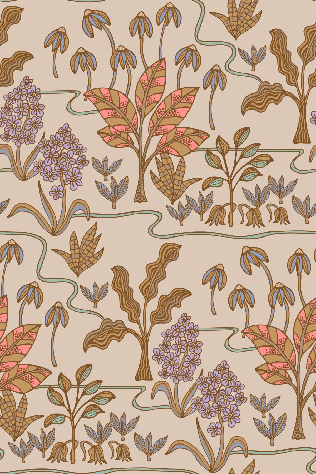 Tropical Garden Toile Charming Floral Botanical Warm Pastels Wallpaper⁠ in your room