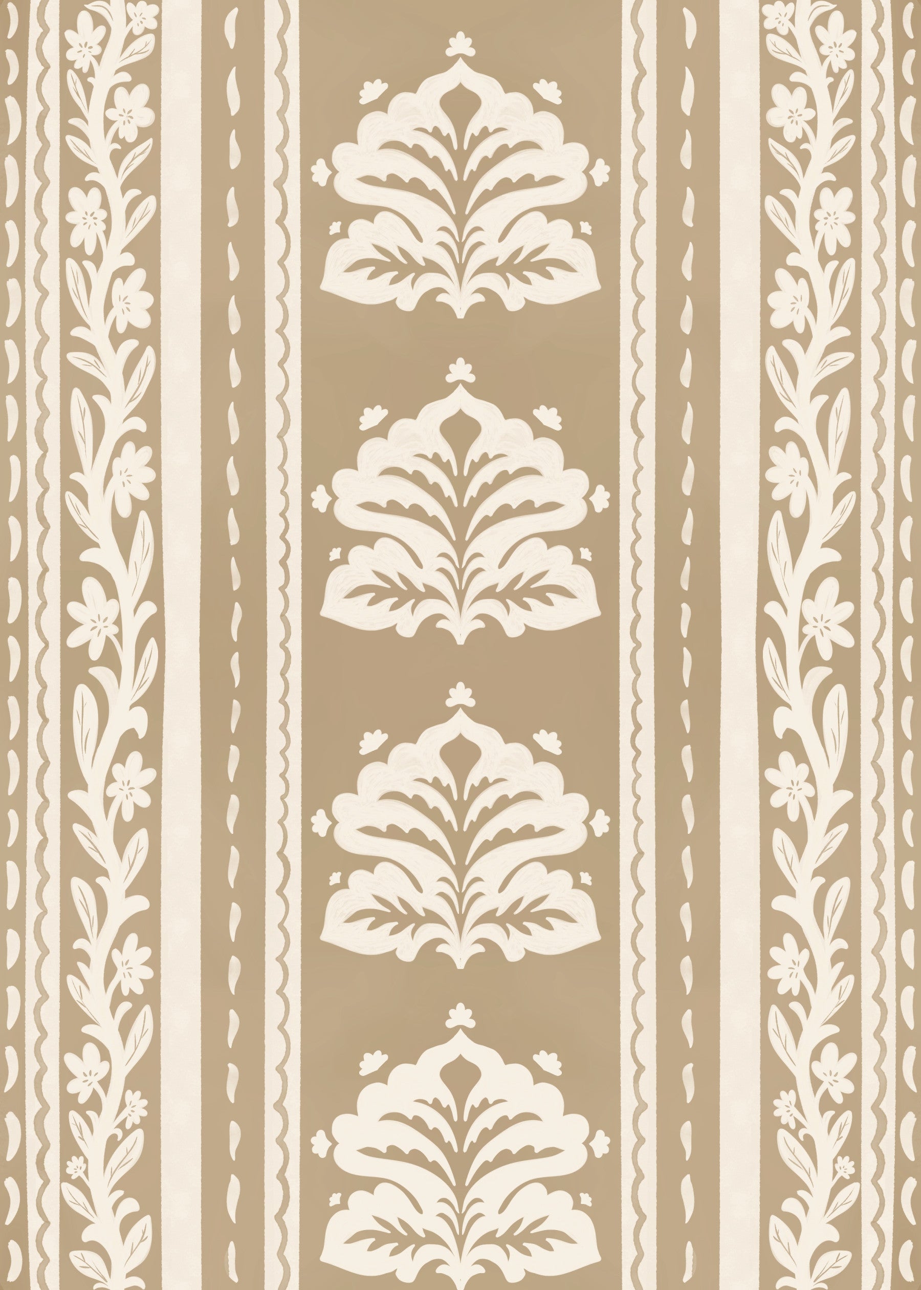 Cream and Taupe Botanical Stripe Wallpaper⁠
