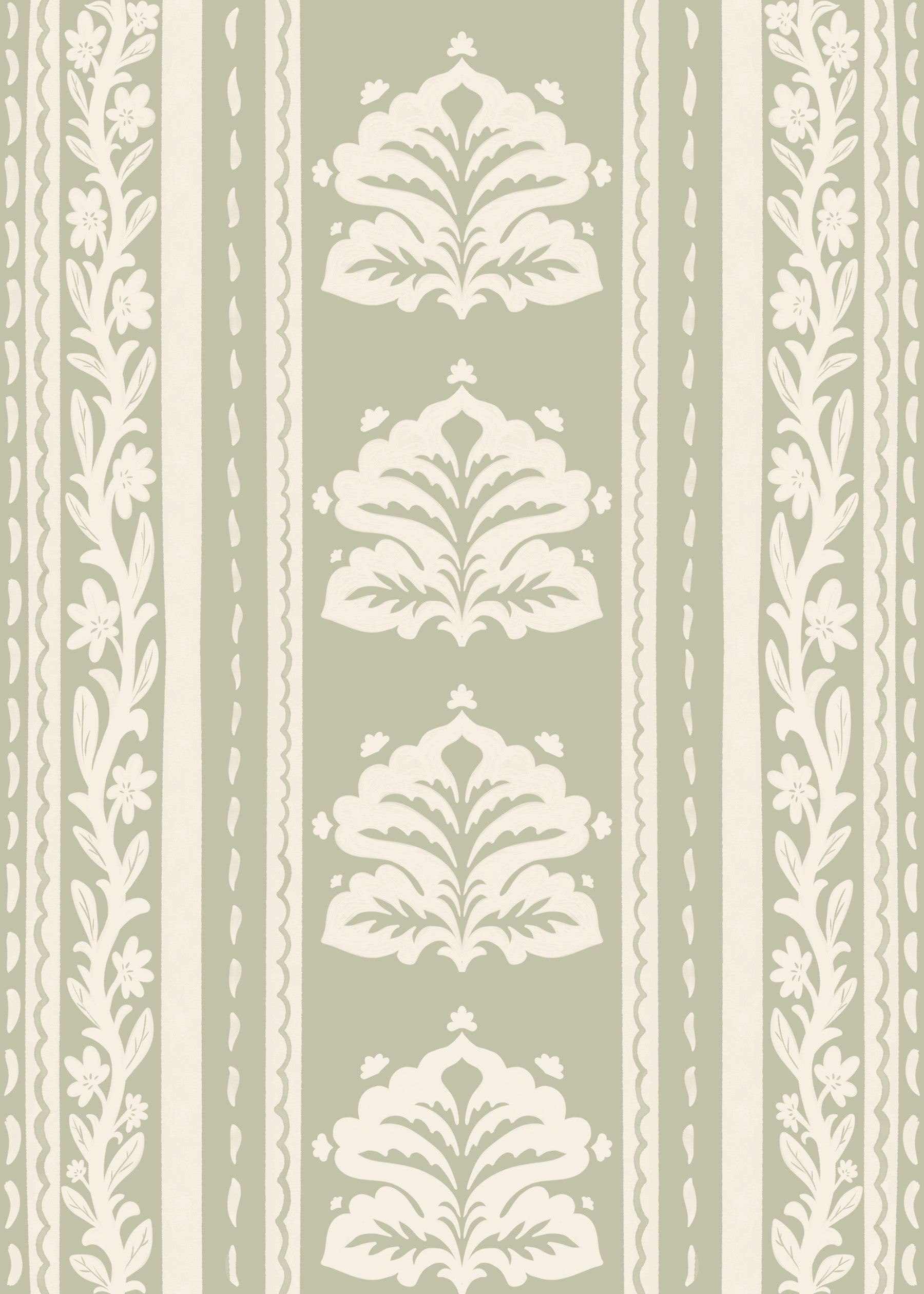Cream and Sage Botanical Stripe Wallpaper⁠