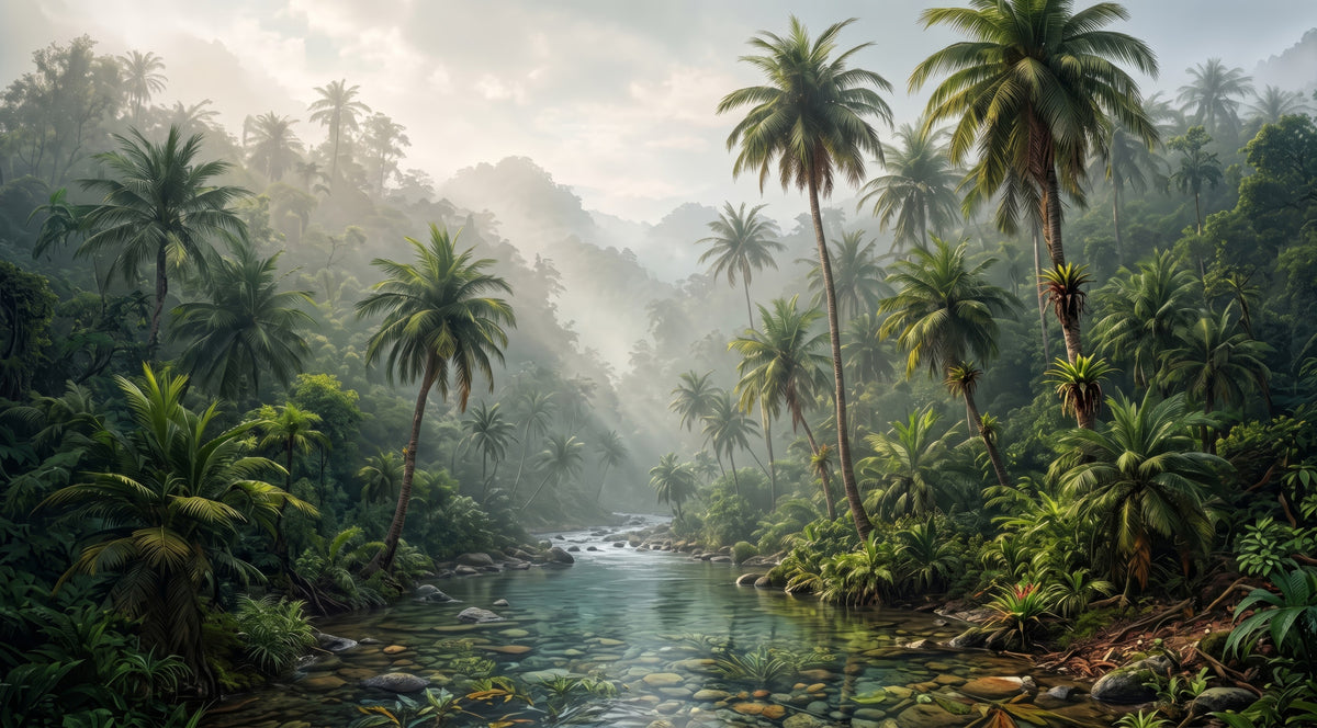 Misty Tropical River Valley Wall Mural in your room — zoomed