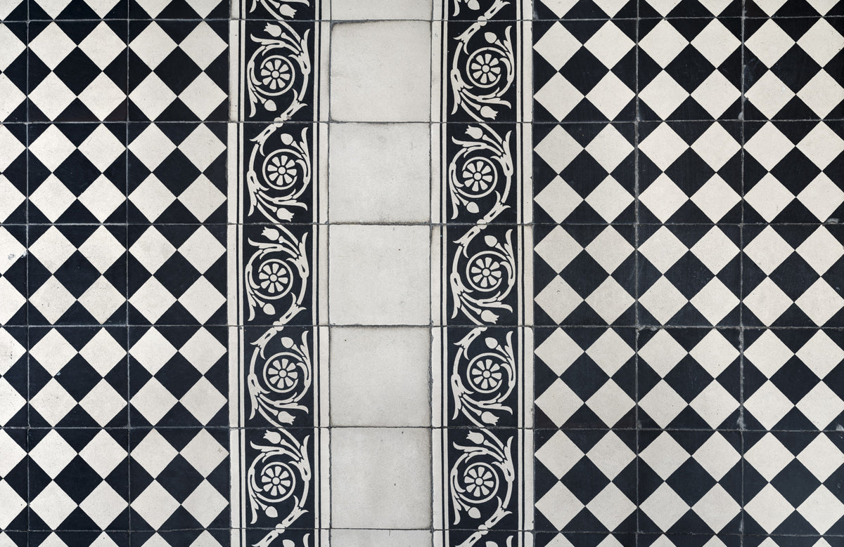 Vintage Black and White Floral Checkerboard Wall Mural in your room — zoomed