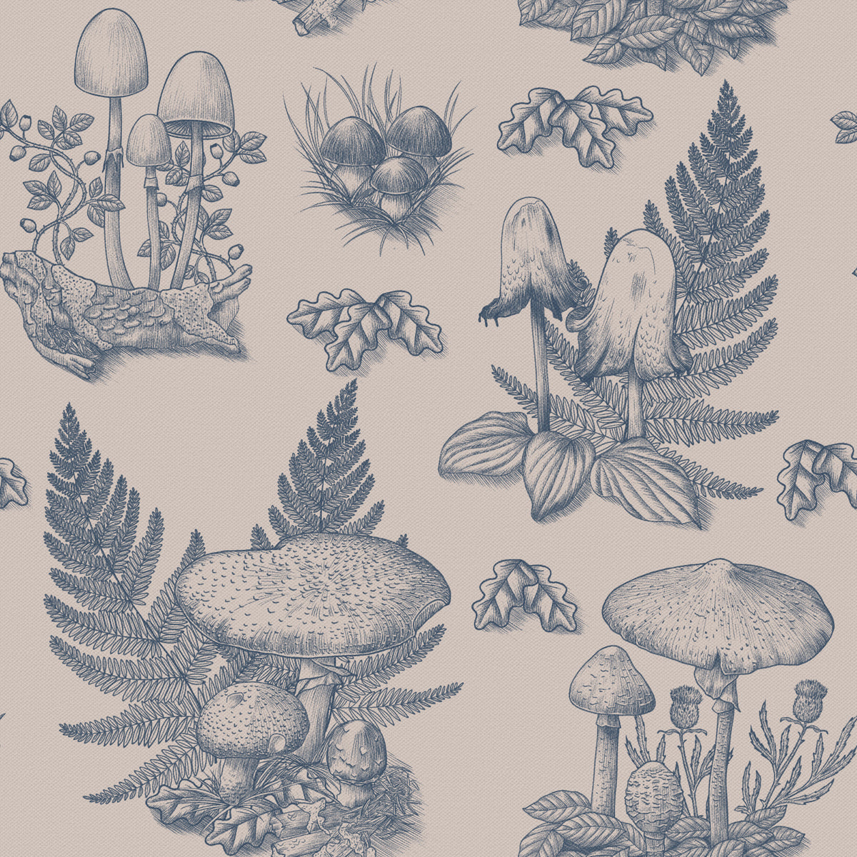 Mushroom - Autumnal Toile de jouy - Blue  Wallpaper⁠ in your room — zoomed