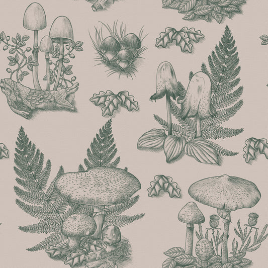 Mushroom - Autumnal Toile de jouy - Green Wallpaper⁠