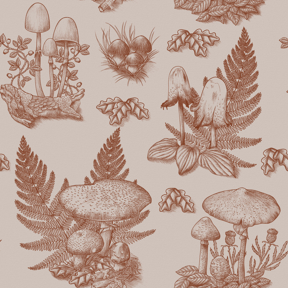 Mushroom - Autumnal Toile de jouy - Rusty Red Wallpaper⁠