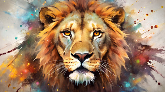 Majestic Lion Portrait with Vibrant Splatter Art Wall Mural