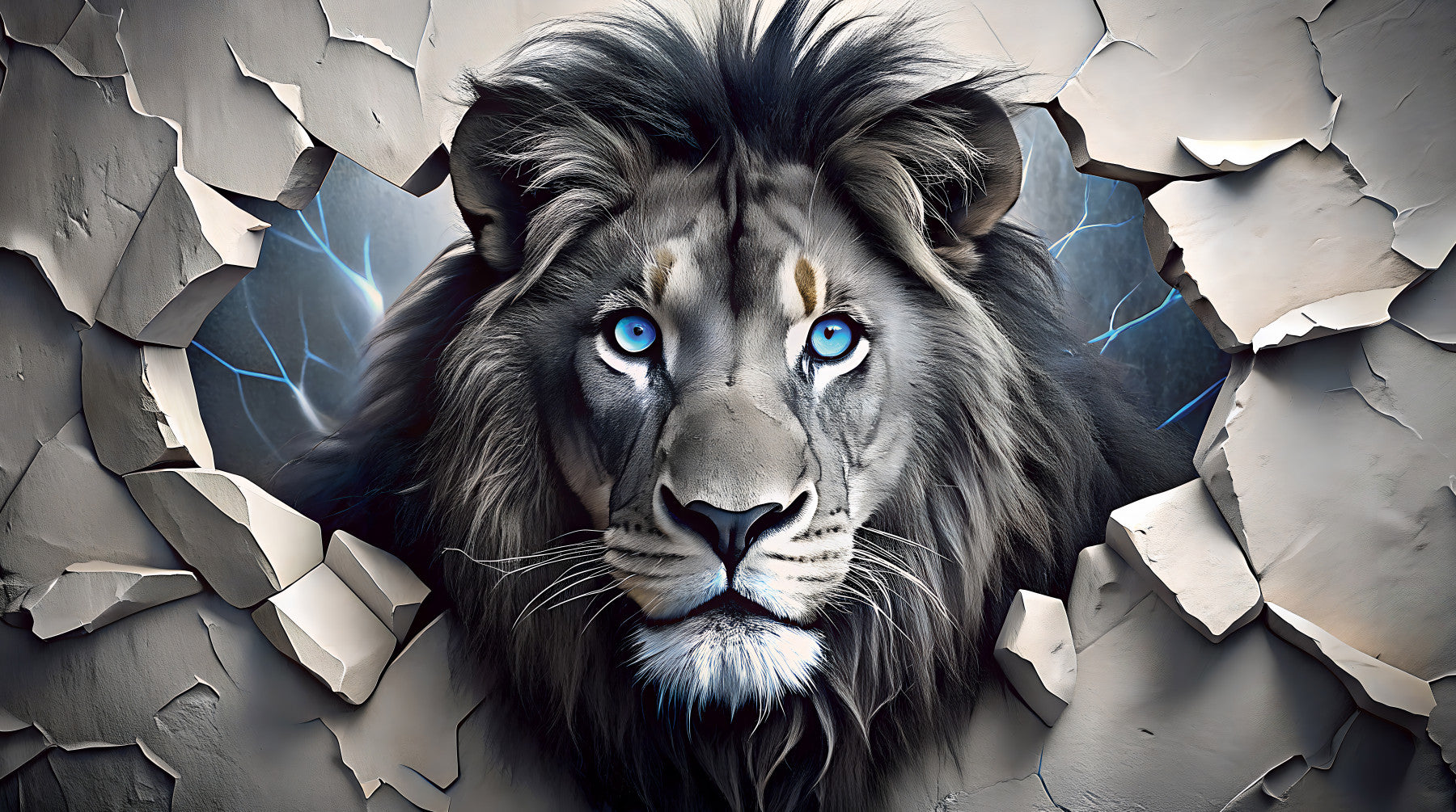 Fierce Lion Through Broken Concrete Wall Mural