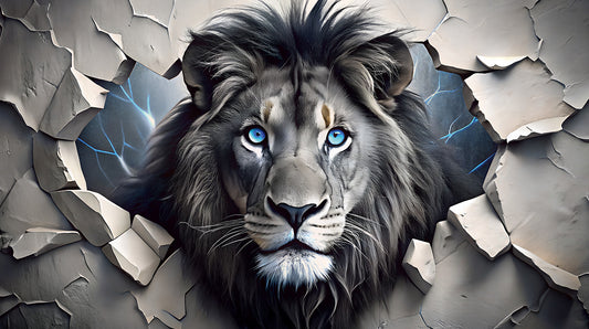 Fierce Lion Through Broken Concrete Wall Mural