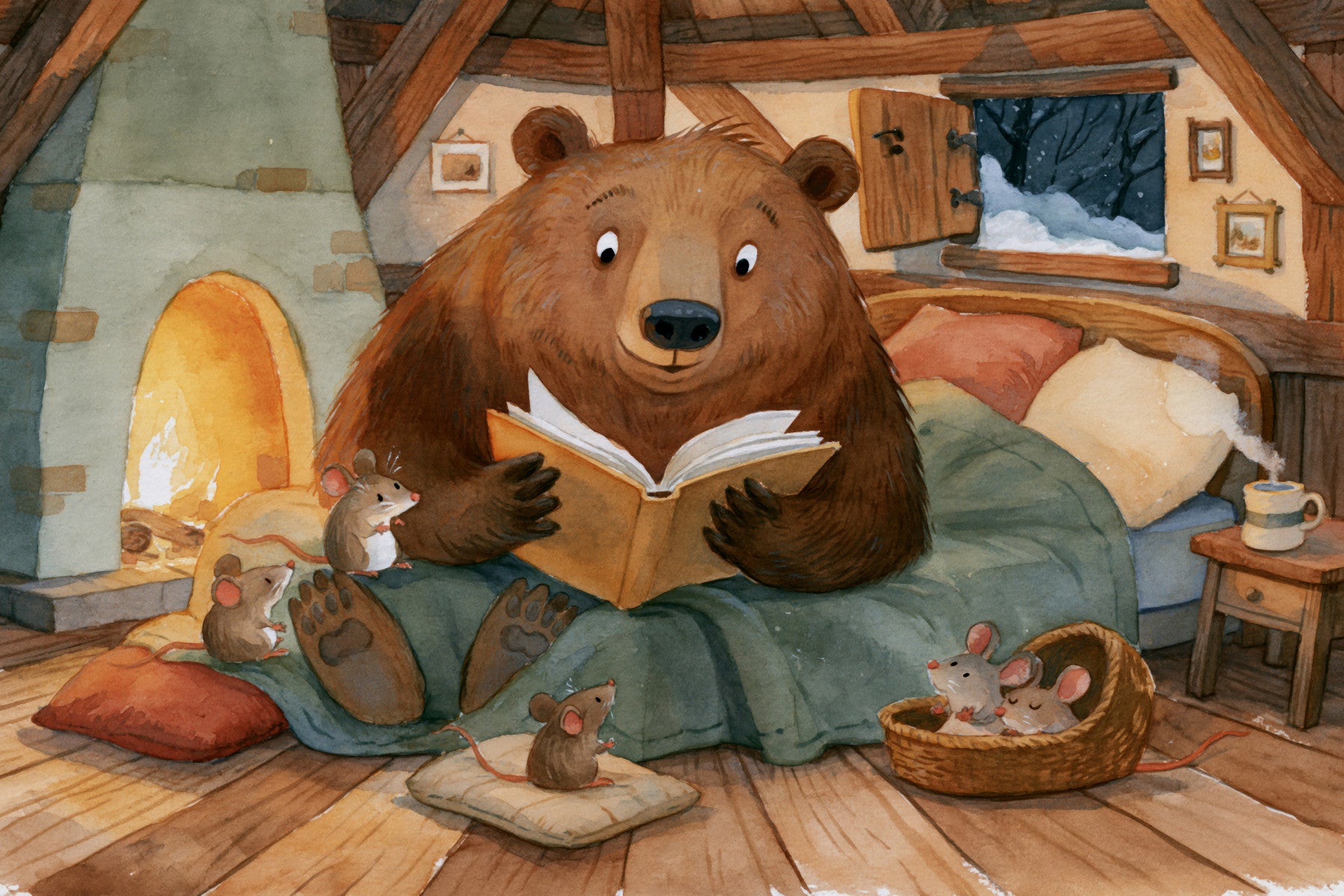 Woodland Friends Bear Fireside Story With Mice In A Winter Cabin Scene Wall Mural
