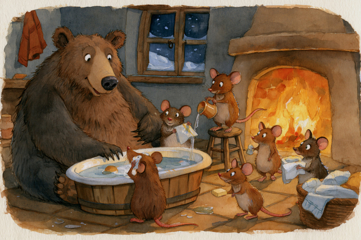 Woodland Friends Bear Bath Time With Mice In A Cozy Winter Cabin Scene Wall Mural in your room