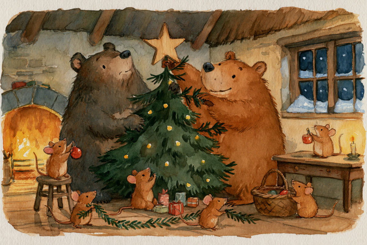 Woodland Friends Bears Decorate A Christmas Tree With Little Mice Tale Wall Mural in your room