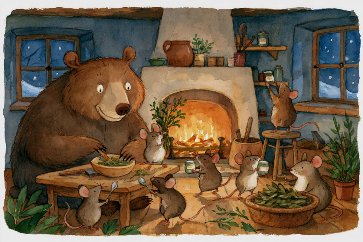 Woodland Friends Bear And Mice In Cozy Cottage Kitchen Story Scene Wall Mural in your room — zoomed